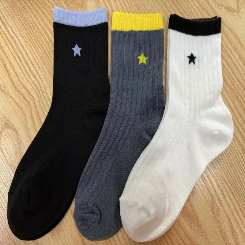 3 Pairs Little Star Color Blocked Sweat Absorbing Breathable Socks for Women in Early Autumn Comfortable Versatile Mid Tube Sock