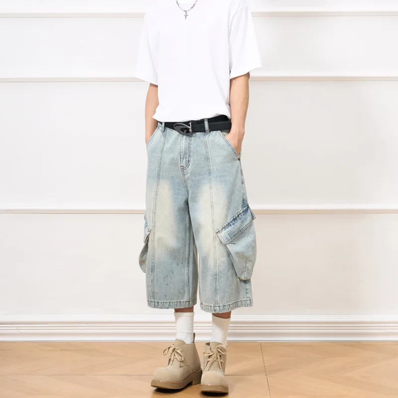 

American Vintage New Fashion Men's Retro Light Blue Casual Trendy Washed Calf-length Wide Leg Jeans Pants Male Denim Clothes