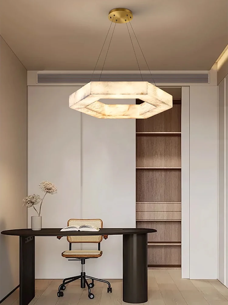 

Hexagonal Natural Marble Art LED Hanging Lamps 2025 Chandelier Alabaster Lustre Suspension Luminaire Lampen For Dinning Room