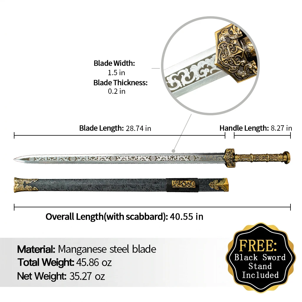 Taotie Han Collectible Sword Manganese Steel Blade with Gold Style Fittings Novelty Cultural Craft Gift Sword