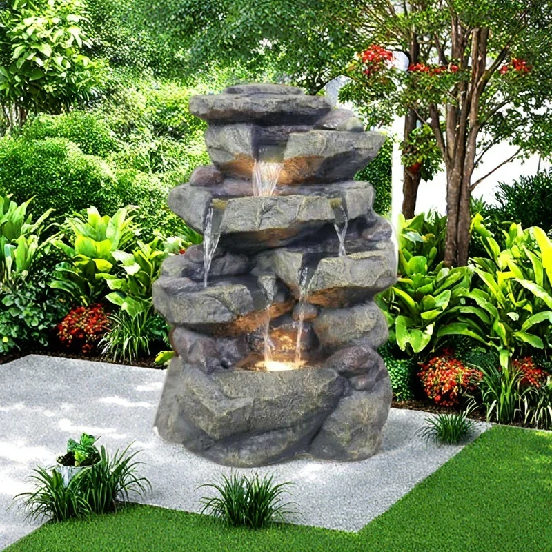 Factory Direct 2026 Resin Desktop Indoor Waterfall Fountain Home Decor Tabletop LED Light with Stacked Rocks Artificial Style Wa