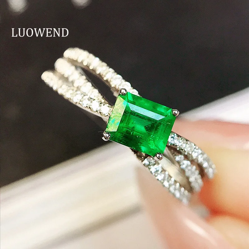 LUOWEND 100% 18K White Gold Rings Luxury Elegant Style Shiny Diamond Natural Emerald Engagement Ring for Women Party Jewelry