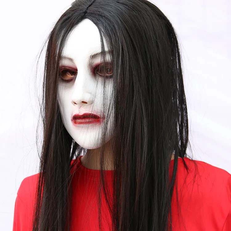 

Super Scary Female Ghost Mask Long Hair Latex Face Mask Halloween Carnival Costume Headgear Decoration Props Adult Haunted House