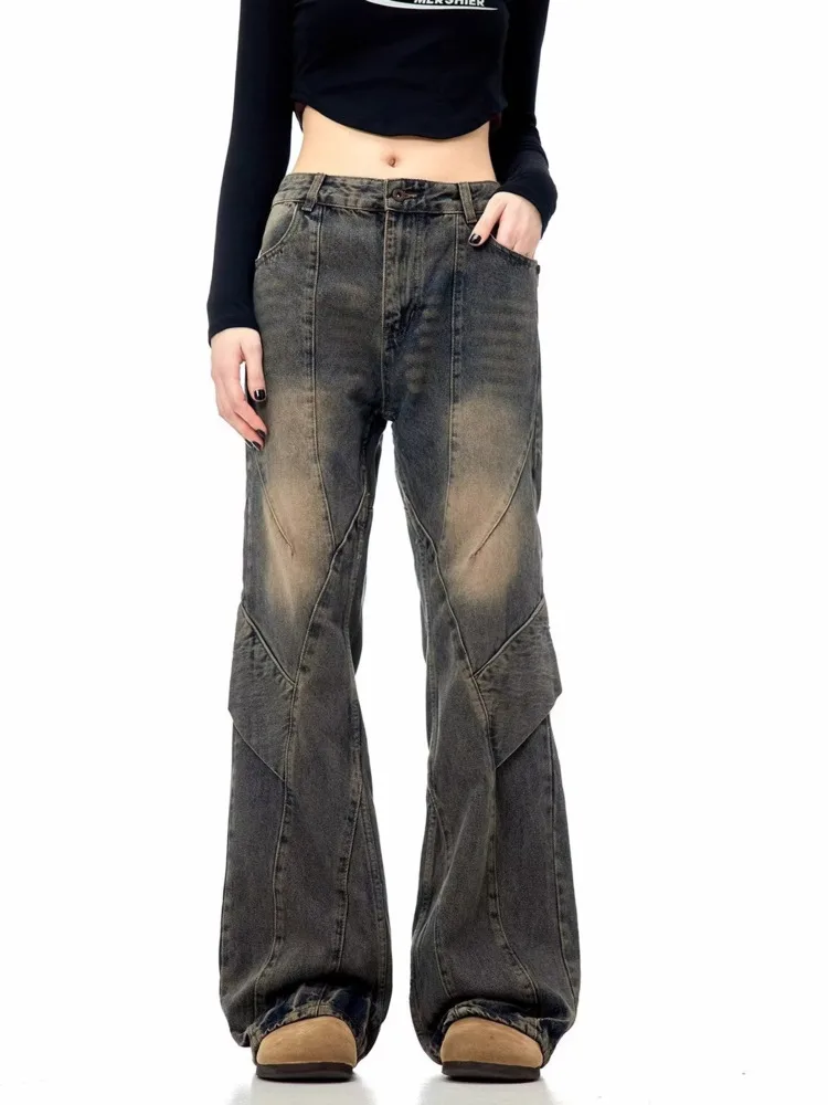 

American Retro Distressed Yellow Mud Washed Jeans High Street Design Splicing Irregular Drape Women's Jeans