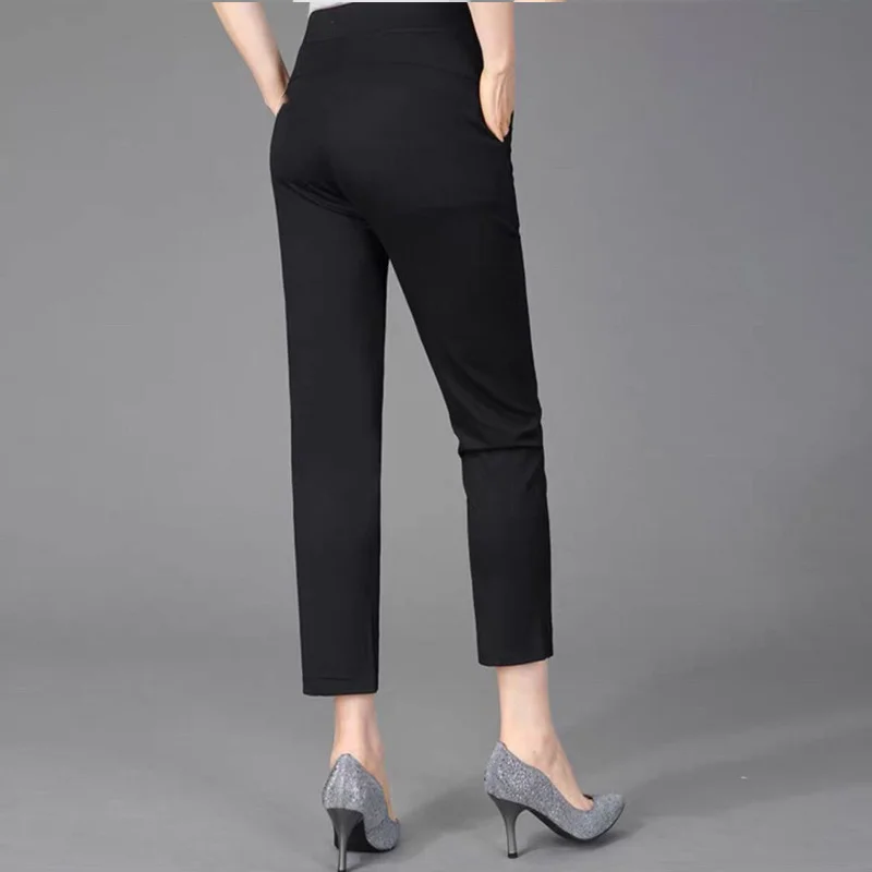 Women Straight Pants 2024 Spring Summer Elastic High Waist Loose Casual Hollow Out Trousers Female Cropped Pants Pantalon Femme