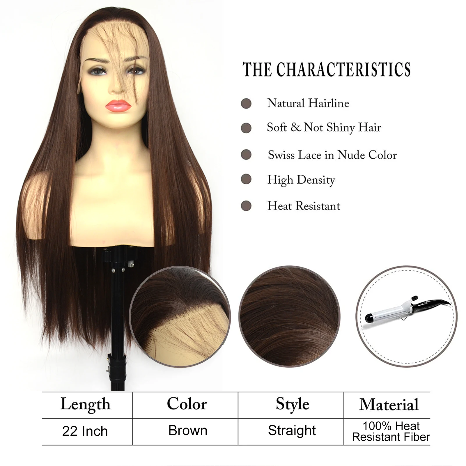 Voguebeauty Dark Brown Synthetic Lace Front Wig Silky Straight Heat Resistant Fiber Natural Hairline Cosplay For Women