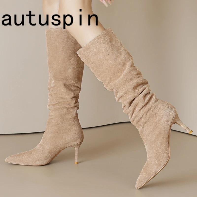 

Autuspin 7cm High Heels Women Knee-high Boots Fashion Pointed Toe Party Elegant Shoes Office Ladies Genuine Suede Leather Boot