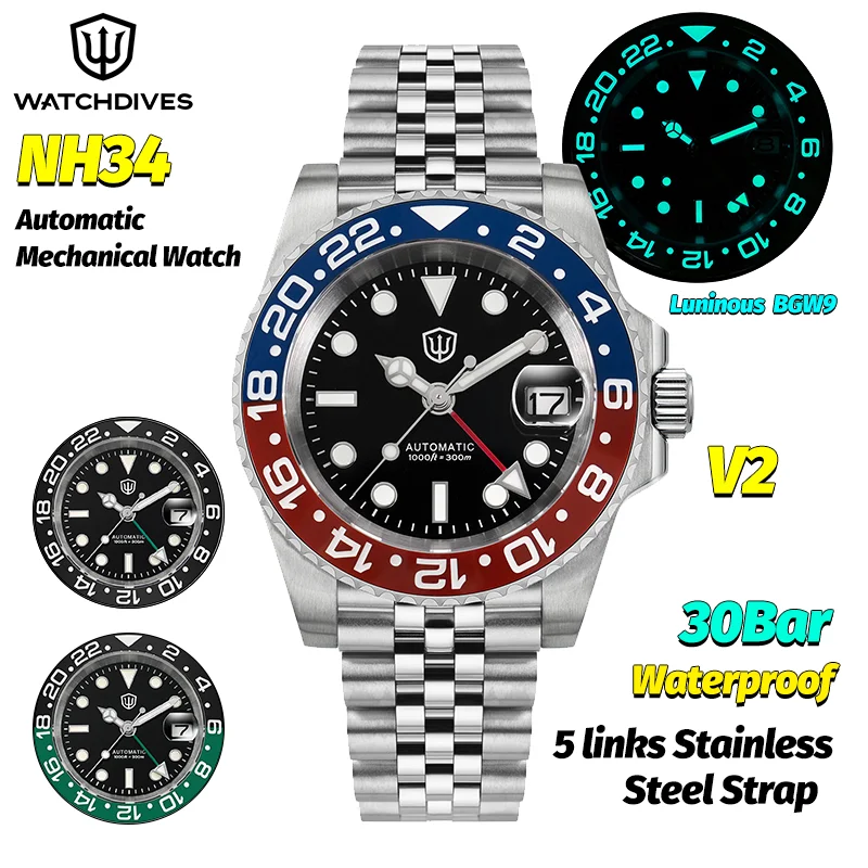 

Часы для дайвинга Watchdives WD16760 V2, автоматические, с механизмом NH34, водонепроницаемость 300 м, функция GMT, сапфировое стекло, люминесцентные стрелки, стальной браслет из 5 звеньев