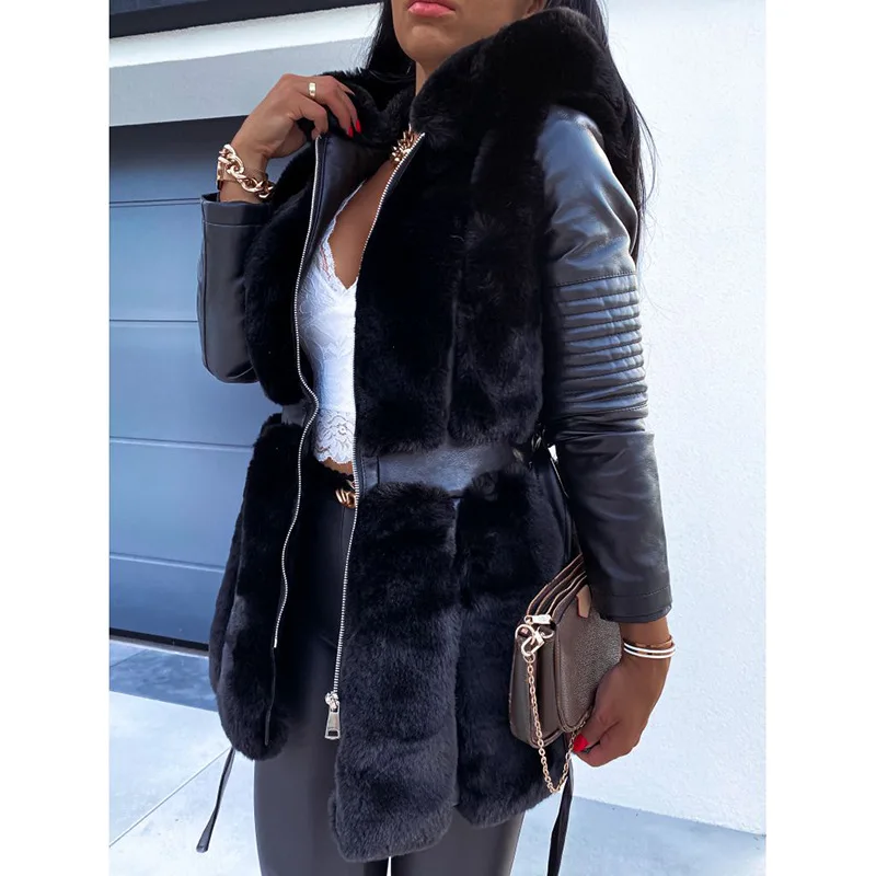 Winter Women Fashion Long Sleeve Faux Fur PU Leather Coat Pure Color Casual Cardigan Outwear Jacket Thick Warm Parka Fur Jackets