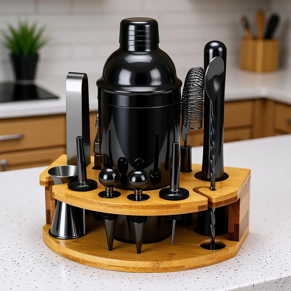 

Cocktail Shaker Set Bartender Kit with Stand, 12 Piece Bar Set Drink Mixer Set with Stainless Steel Bar Accessories: 25oz Shaker