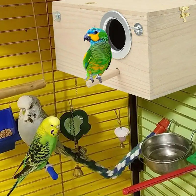 Wood Bird House Nest Birds Breeding Box With Perch Stand Spring Bird Parrot Breeding Decorative Bird Cage Mating Box Accessories