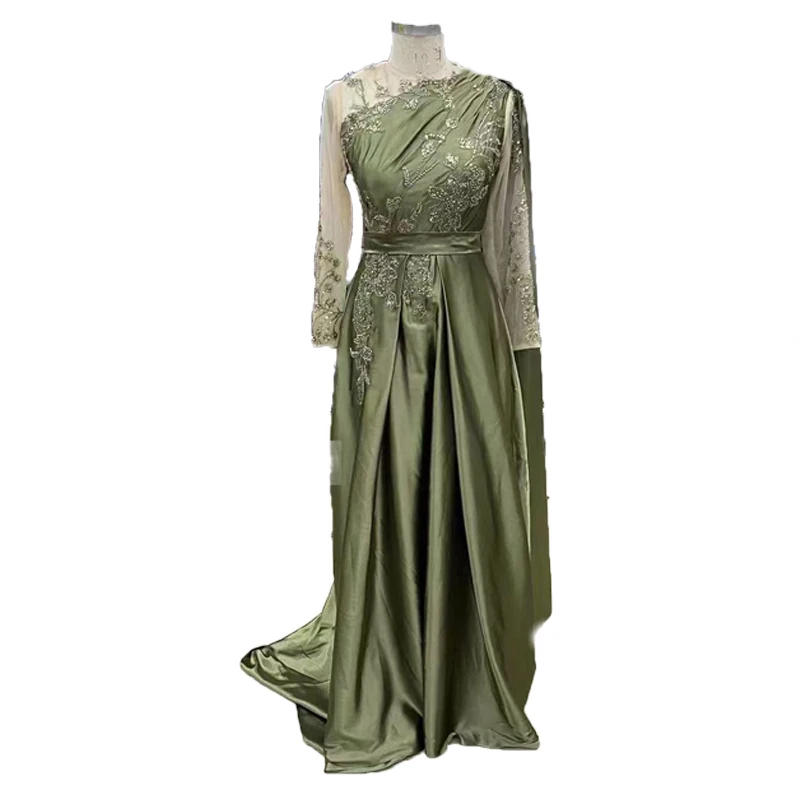 One Shoulder Olive Green Muslim Evening Dress with Cape Long Sleeves Dubai Women Prom Party Gowns Dresses Elegant Plus Size