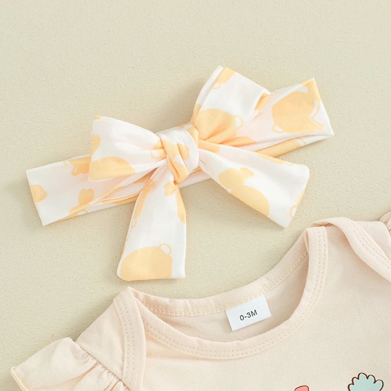 

Newborn Baby Girls Easter Outfit Short Sleeve Letter Print Romper Top Bunny Print Shorts Headband Sets Rabbit Suit