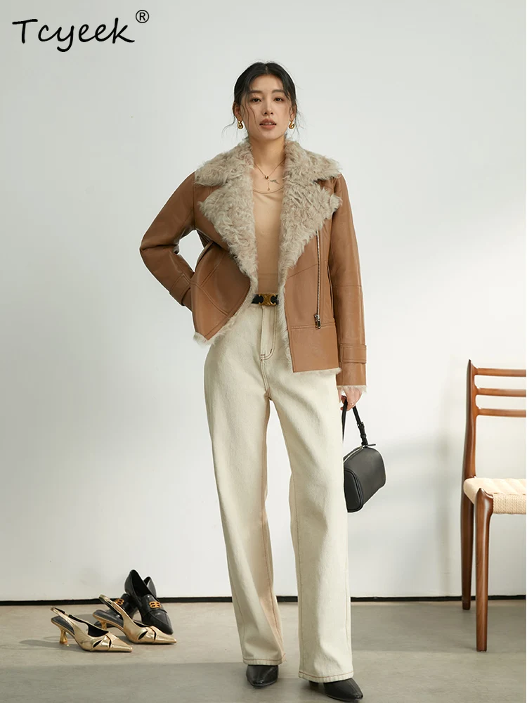 Tcyeek Prawdziwa Wełna Jesień Zima Elegancki Modny Jednolity Kolor Płaszcz Damski Średniej Długości z Wełny Jagnięcej Futro Shearling Fourrures Femme