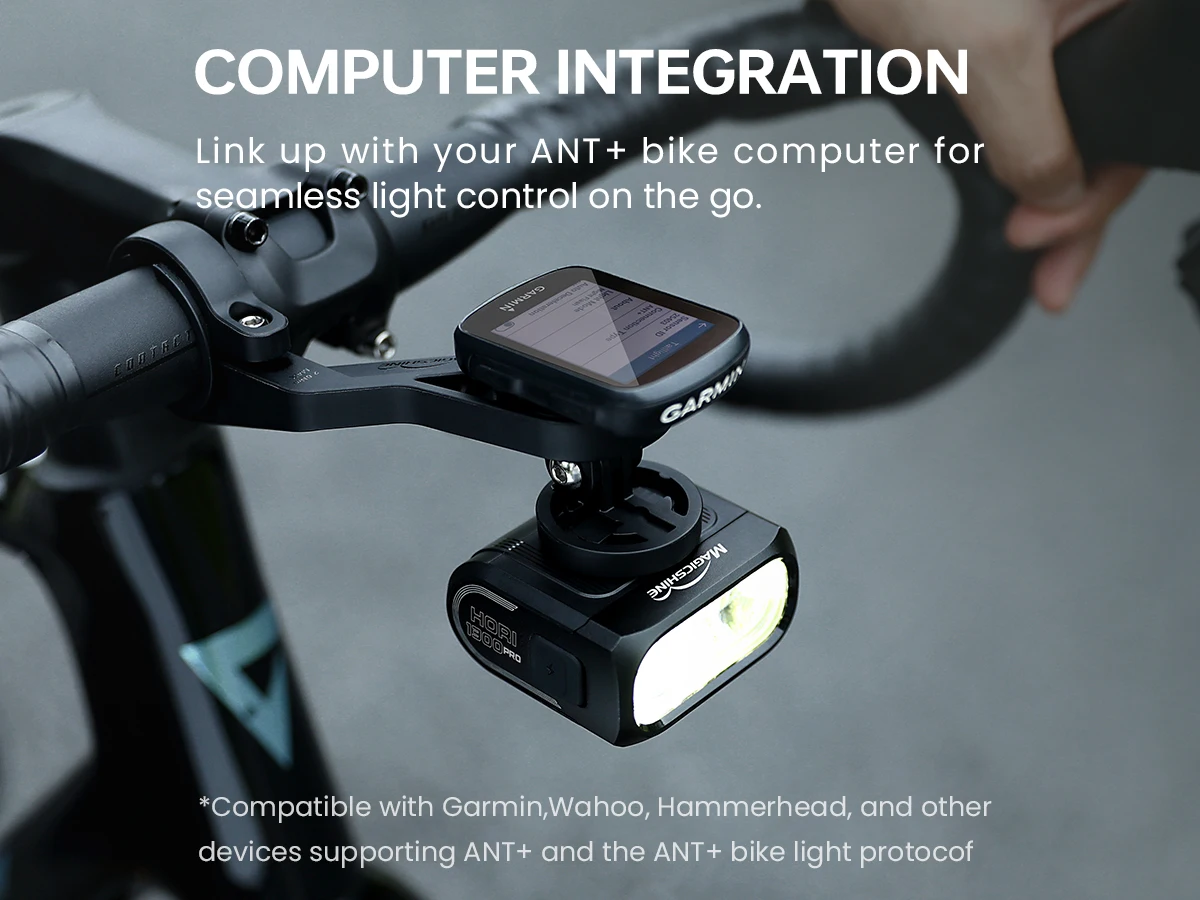 

Велосипедный фонарь Magicshine HORI 1300PRO с двойным креплением, световой барьер с функцией Cut-off Line, совместимость с системой Shimano Di2, поддержка ANT+