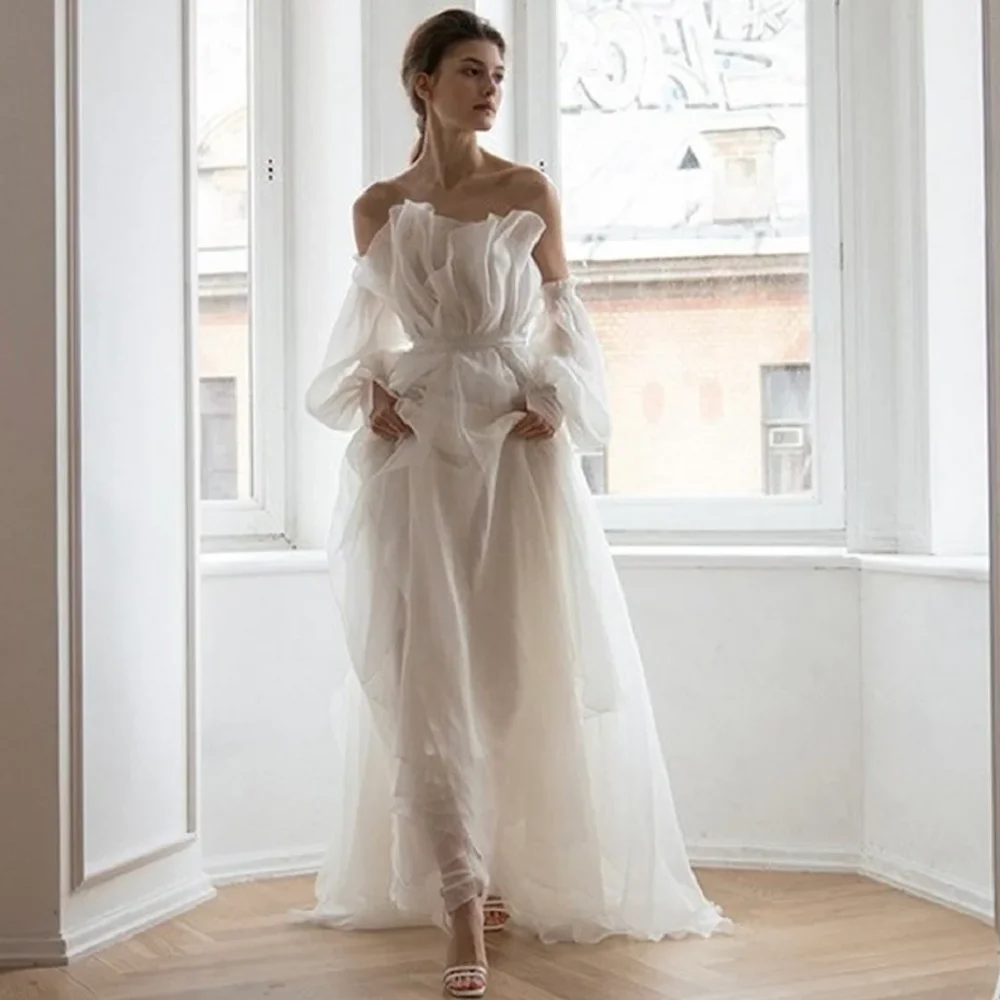 Prinzessin-Brautkleid aus Organza mit gewelltem Ausschnitt, Boho-Hochzeitskleid, lange Ärmel, schulterfrei, günstiges, rückenfreies A-Linien-Brautkleid 2025, individuell gestaltet