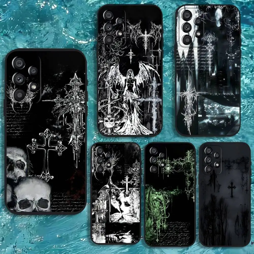

Gothic Coquette Cyber Sigilism Cross Phone Case For Samsung Galaxy A73,31,32,72,41,53,52,71,22,5G,Note,J7,8,9 Soft Black Cover