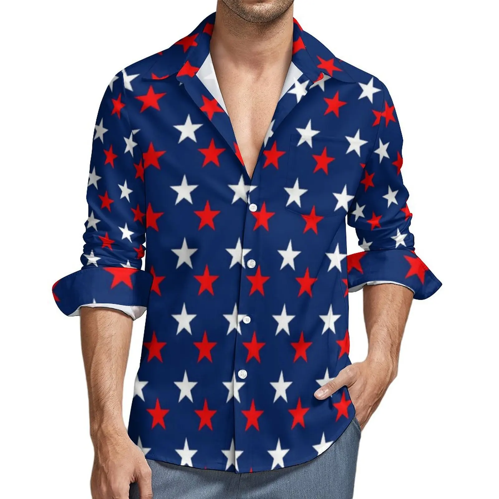 

Red White Star Casual Shirt Men Independence Day Y2K Funny Shirt Autumn Novelty Blouse Long Sleeve Graphic Oversize Clothes