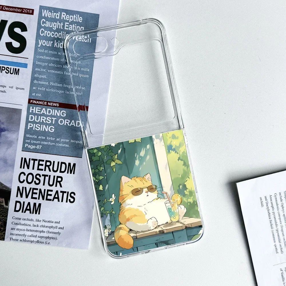 Plain Cute Lazy Cat with Milk Tea Pattern Case for NEW Samsung Galaxy Z Flip 7 6 5 4 3 5G Clear Shell Flip5 Flip6 INS Funda Para