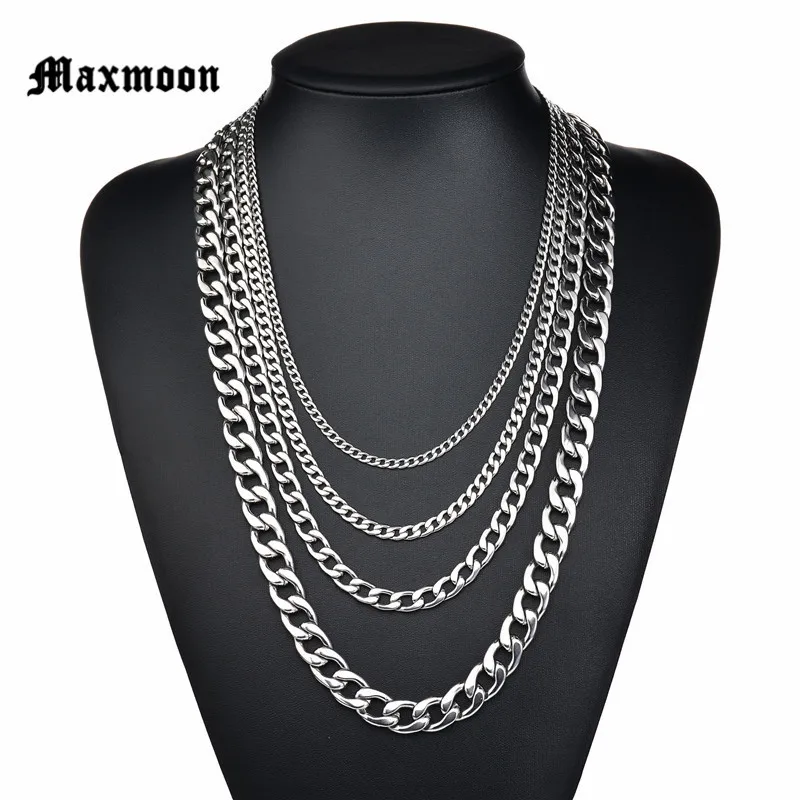 Maxmoon Never Fade 3mm/5mm/7mm/9mm/11mm Stainless Steel Cuban Chain Necklace Waterproof Men Link Curb Chain Gift Jewelry