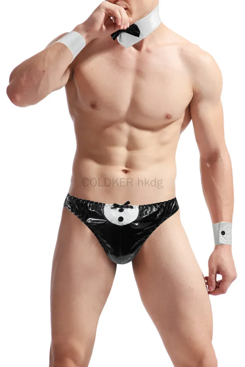

Сексуальный мужской комплект нижнего белья официанта, костюм смокинга с Т-образной спинкой, стринги, бандажи, мужское нижнее белье для геев, сексуальная кожаная униформа для ролевых игр