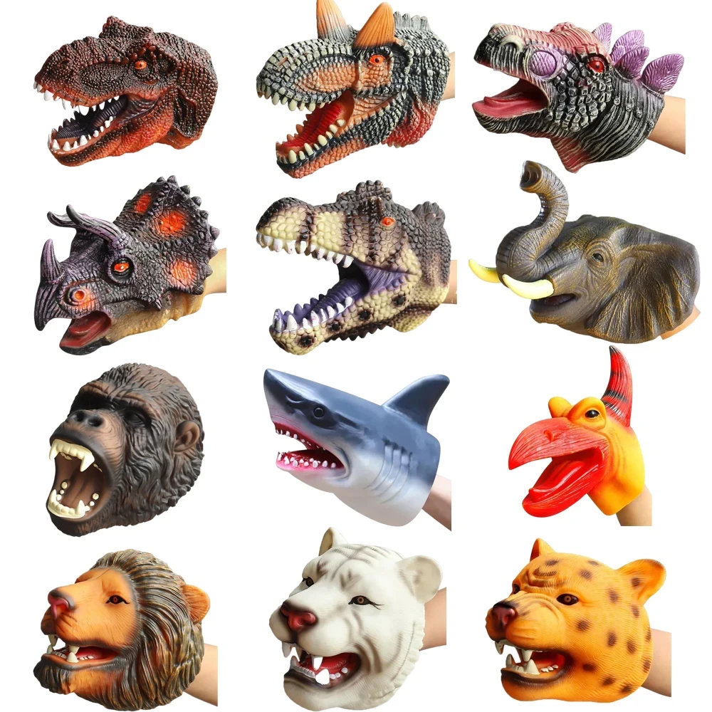 Soft Hand Puppets Dinosaur Head Model Toy Role Play Pet Cat Dog Teasing Toy Tyrannosaurus Rex Shark Animal Cosplay Toy Kids Gift