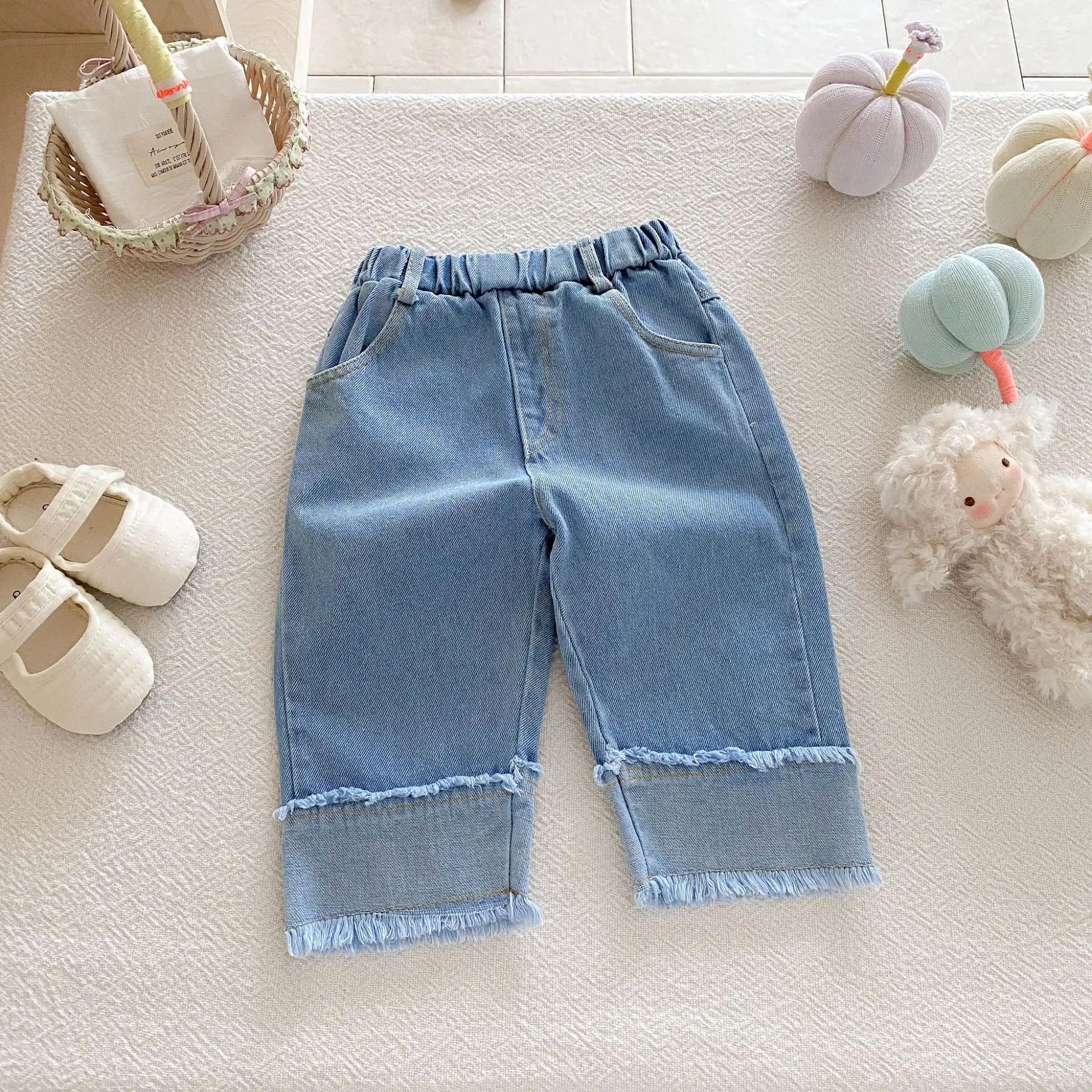 

kids Jeans 2025 Autumn New Girl's Denim Pants Korean Casual Baby Girl's Wide-leg Pants Washed Jeans