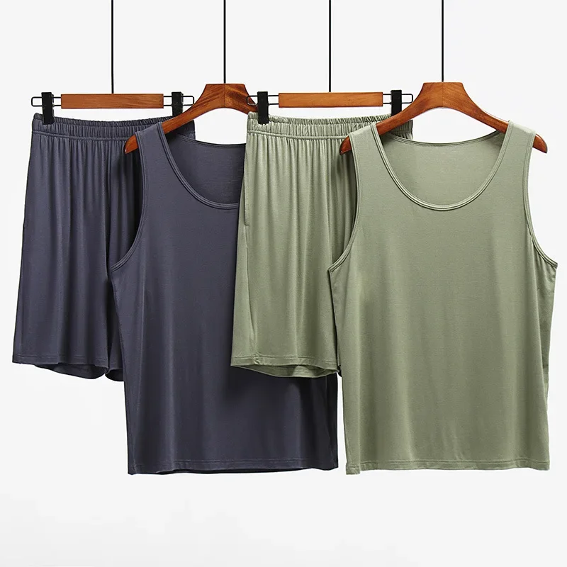 Men's Modal Tank Top & Shorts Set, Gray, Green, L-XL