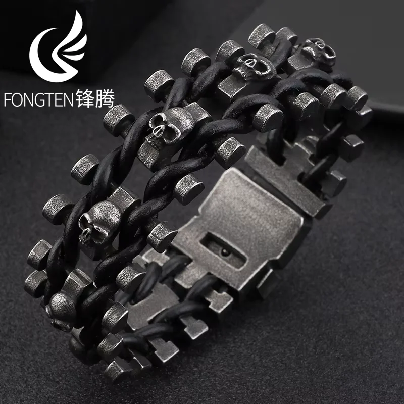 

Fongten Thick Skull Scalp Rope Bracelet For Men Splicing Motorcycle Cool Bracelet Fashion Jewelry Party Banquet Gifts