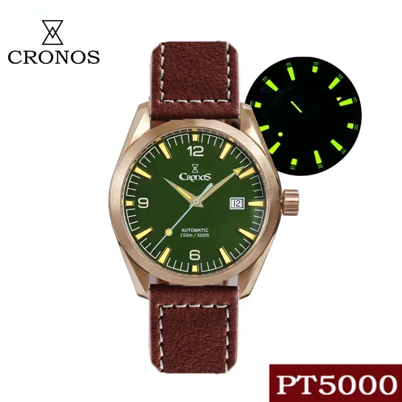 Cronos Diver Men Watch Bronze CuSn8 Automatic PT5000 SW200 Sapphire Crystal See through Back Leather Strap 20ATM DATE L6003