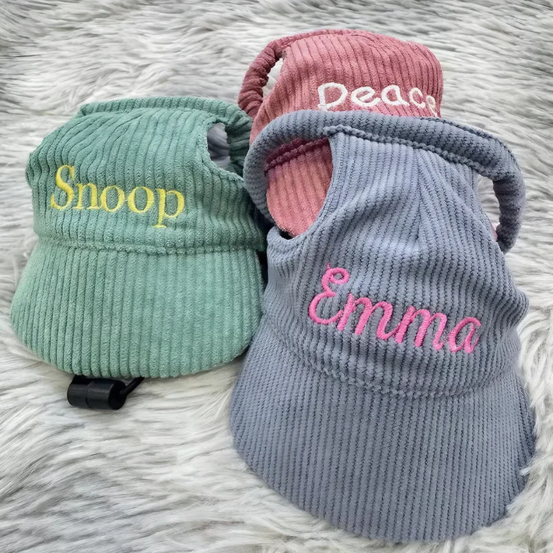 Personalized Name Embroidery Pet Dog Hat Corduroy Adjustable Cap for Small Medium Dogs Cats Custom Puppy Sun Hat