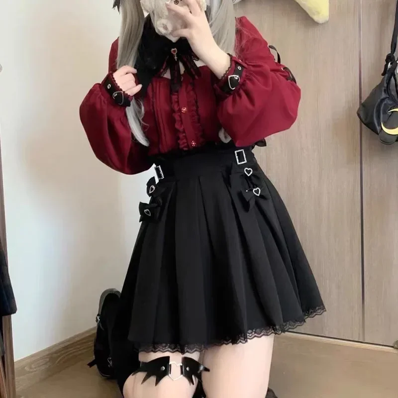 Gothic Lolita Shirt Women Harajuku Bat Lace Collar Black Red Long Short Sleeve Blouse Y2k Aesthetic Elegant Sweet Clothes Tops