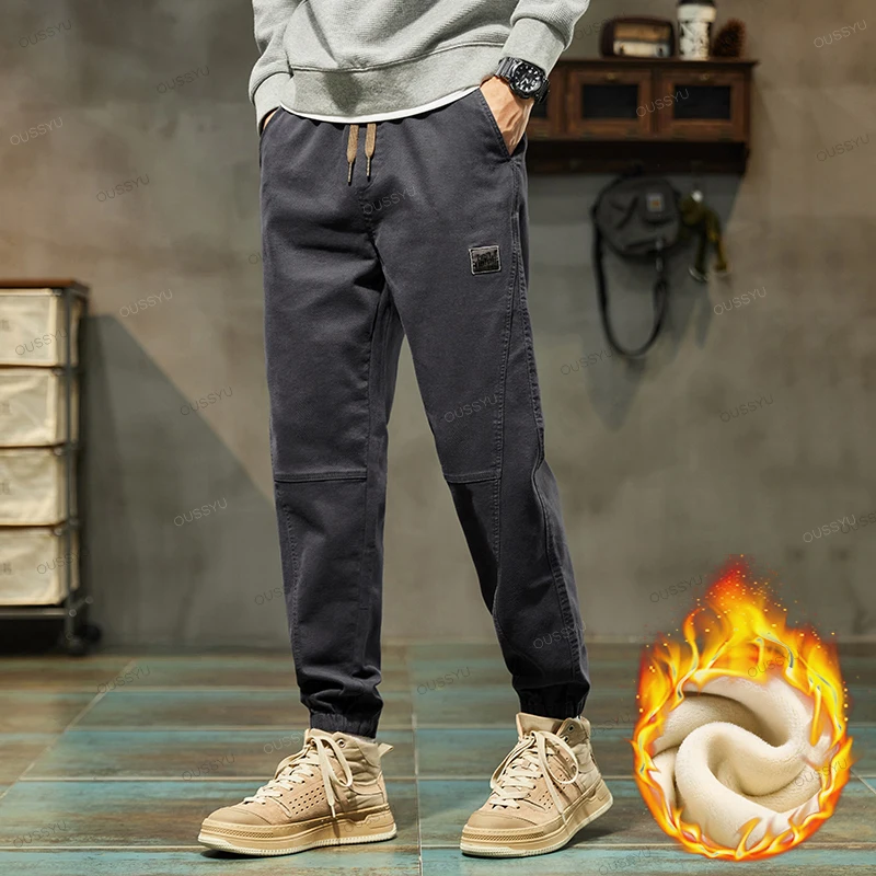 Winter Fleece Warm Casual Cargo Pants Men Outdoors Thick Flocking Plush Drawstring Sweatpants Trousers Male Plus Size M-5XL