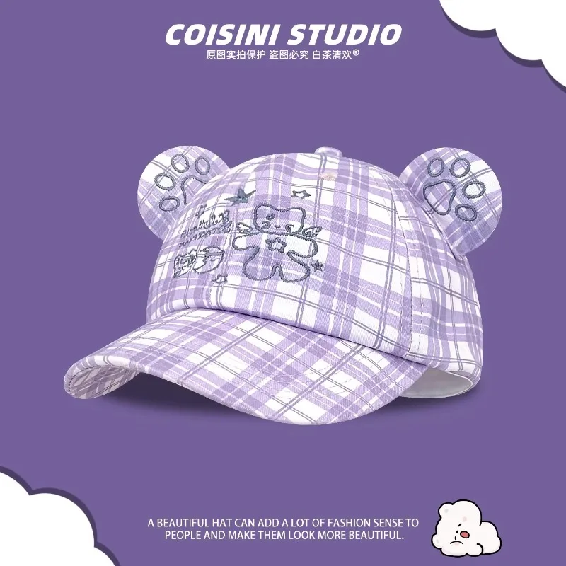 

Бейсболка Ins Dream с фиолетовым клетчатым узором и ушками медведя, в стиле Y2K, весенне-летняя, уличный тренд, универсальная, с вышивкой, женская