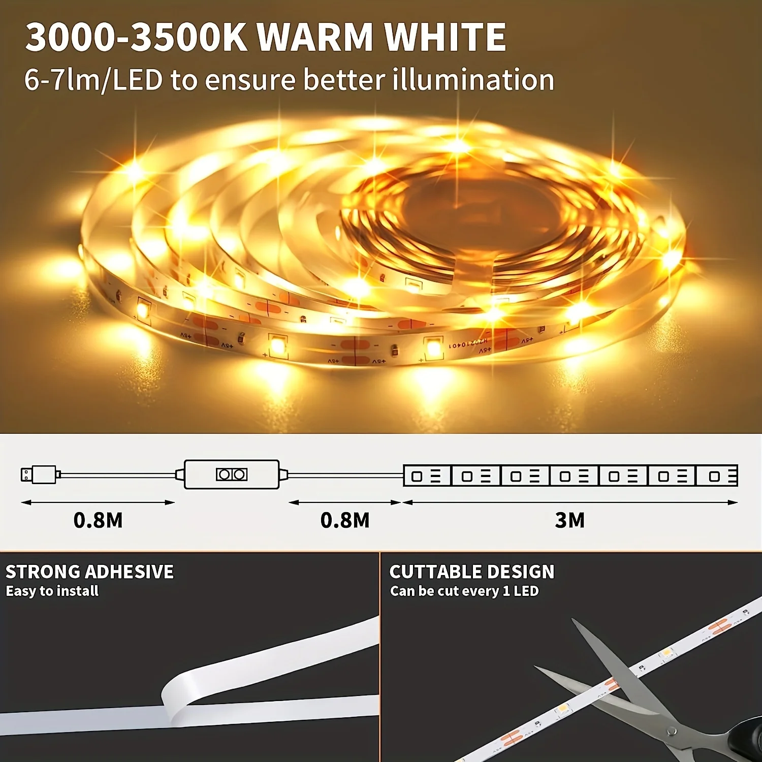 Lámpara Nocturna LED de 1m con Sensor de Gestos, Control Inteligente, USB, Tira de Luces LED de 60 LED, Retroiluminación para TV, Cinta Adhesiva para Cocina