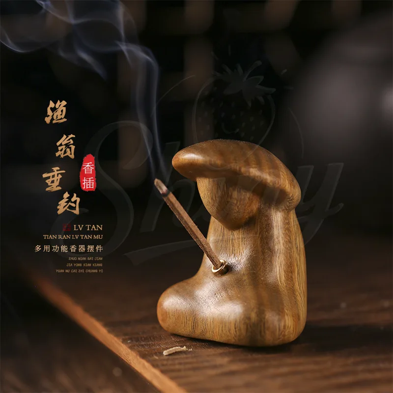 

Green Sandalwood Carving Zen Ancient Style Fisherman Fishing Incense Stick Base Home Style Zen Ornament