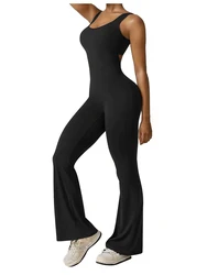 2025 Summer New Women's Slim Hip Lifting One-piece Micro Flared Pants Shoulder Straps Sexy Backless Sleeveless Sports Yoga Wear