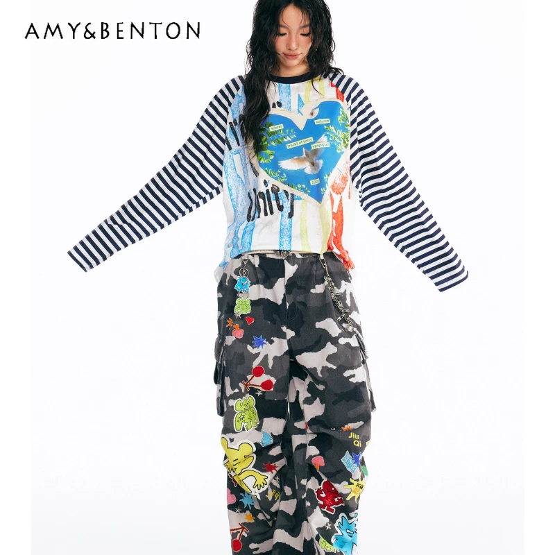 

Striped Digital Direct Print Loose Round Neck Long Sleeve T-Shirt