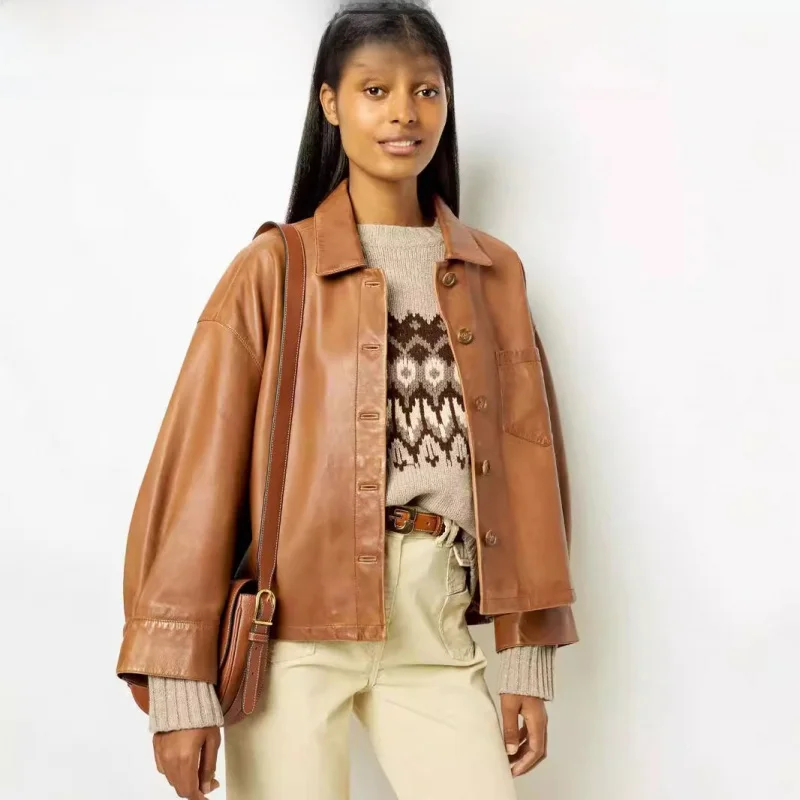 Jaqueta Feminina de Couro Marrom Elegante com Estampa Casual, Caimento Solto, Estilo Retrô, Manga Longa, Gola, para Cerimônias