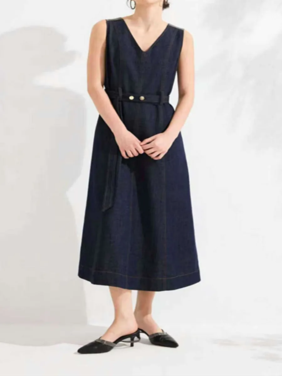 2026 Spring Summer New Arrival V-neck Sleeveless Denim Cotton Midi Dress High-Waisted A-Line Skirt