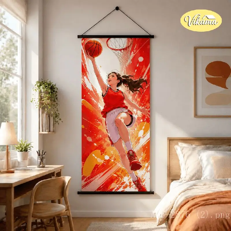 VIKAMA Anime Girl Basketball Tapestry Red Jersey Dunk Splash Art Sport Anime Art Polyester Wall Hanging Bedroom Dorm Home Decor