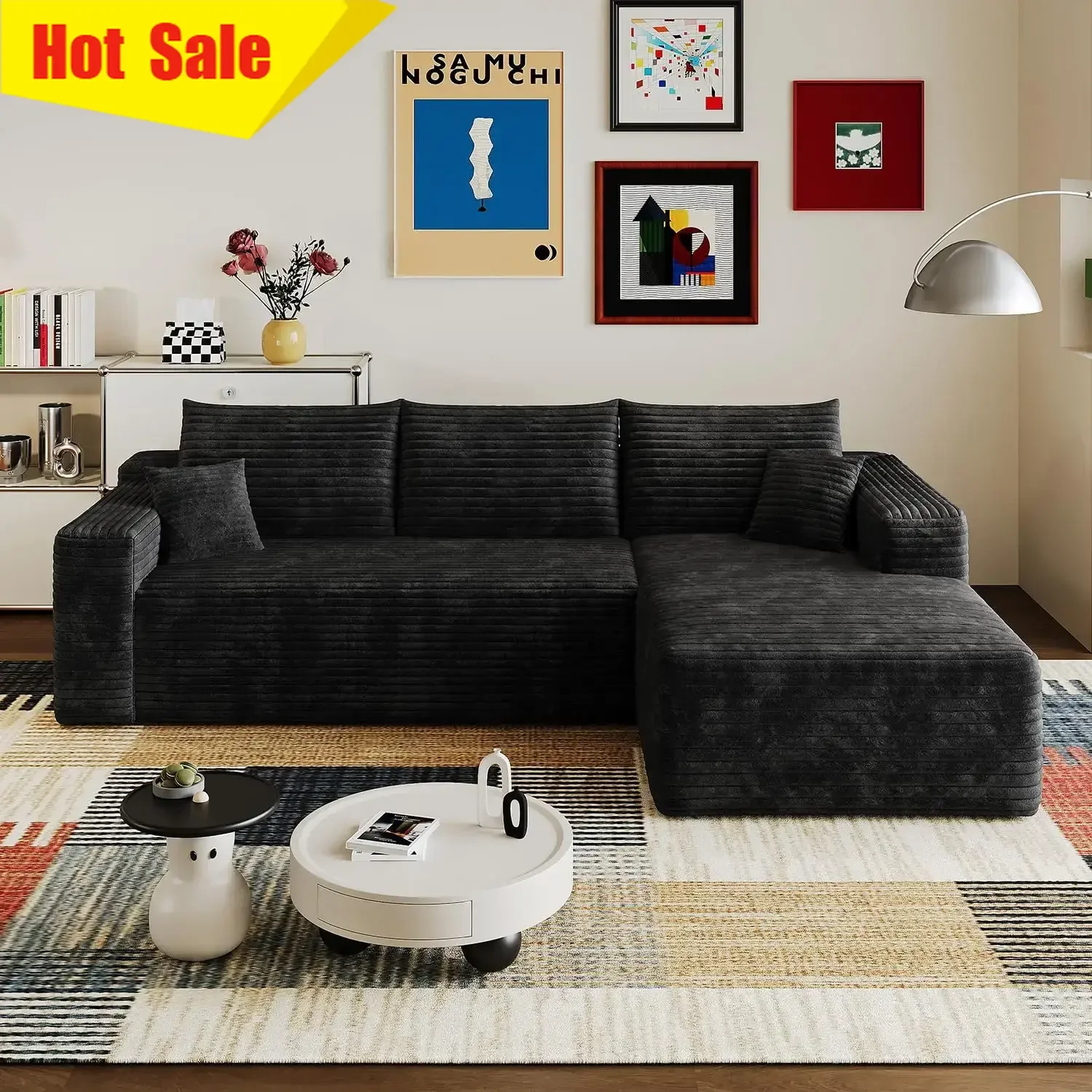 96 Inch L Shape Corduroy Memory Foam Cloud Sectional Sofa Comfy Modular Chaise Living Room Black No Assembly Required