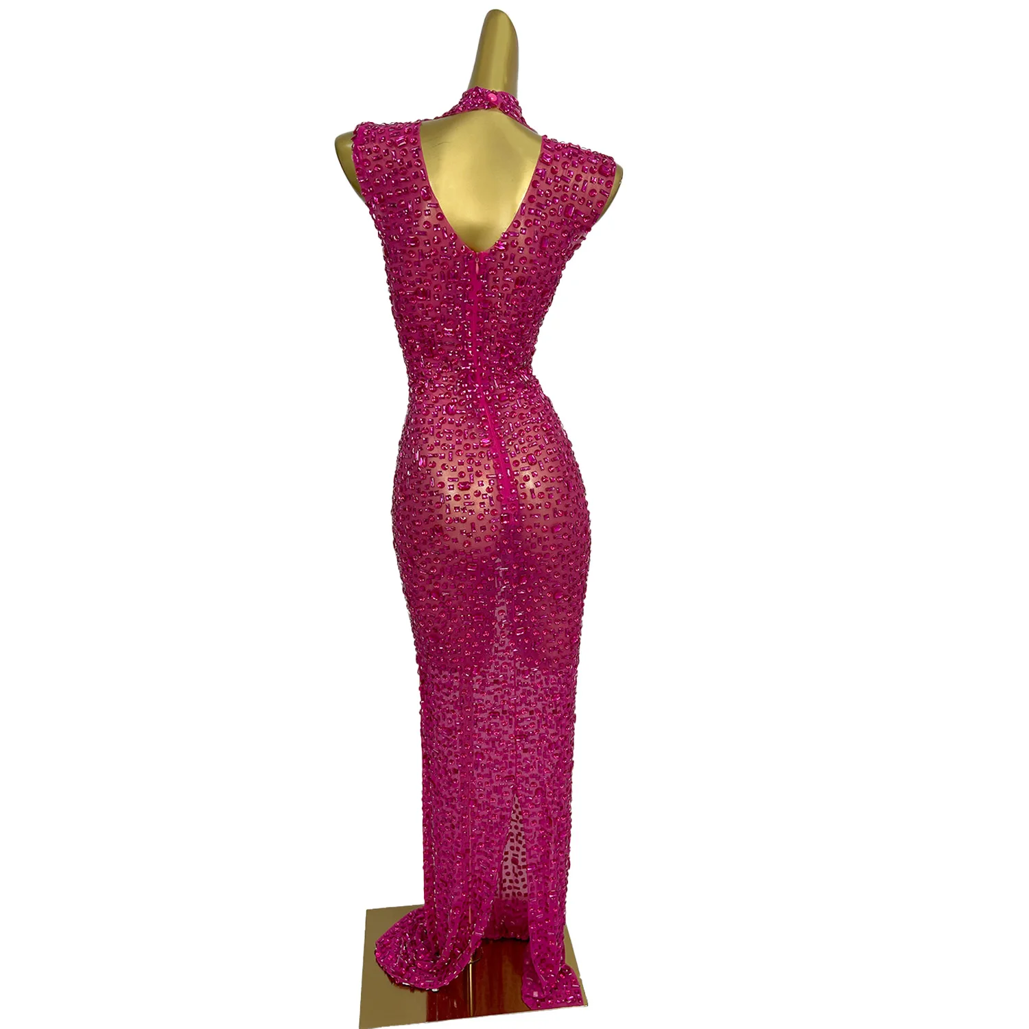 Vestido rosa brillante con diamantes de imitación para fiesta de cumpleaños, vestido de cena de talla grande para mujer, ropa de discoteca, vestido de noche largo sin mangas para graduación