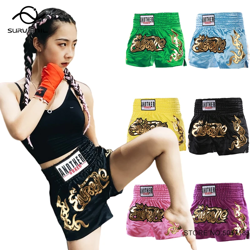 Men's Muay Thai Shorts Embroidered Gym Martial Arts Grappling Cage MMA Fight Kickboxing Pants Thai Boxing Shorts Child Women