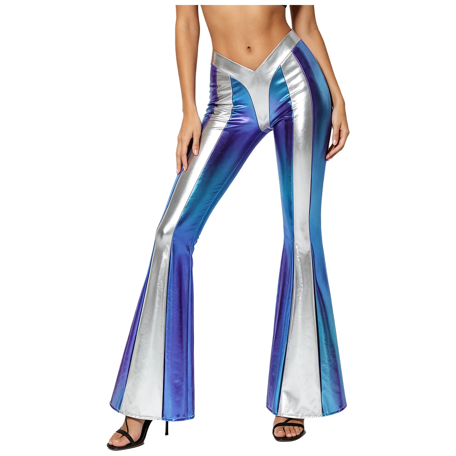 Women Shiny Metallic Flare Bell‑Bottom Pants Color Block Dance Party Trousers 70s Retro Disco Costume Patchwork Flared Pants
