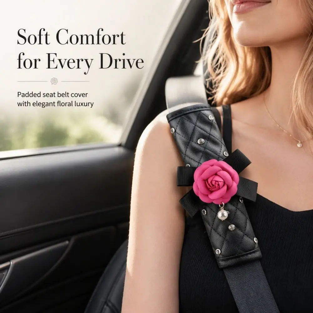 Elegant 7-piece car steering wheel cover set, floral decoration, car interior accessories, universal style, women's gift.