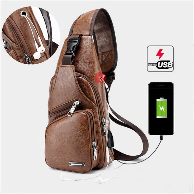 Man Leather Chest Bag Waterproof Single Shoulder Pack Portable Charging Outdoor Leisure Sports Crossbody Bags With USB Port