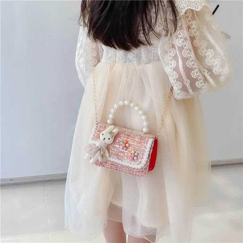 Petits sacs à bandoulière à paillettes pour enfants, joli sac à main à poignée perlée pour filles, sac à main princesse lapin dessin animé, sac à main à fleurs initié