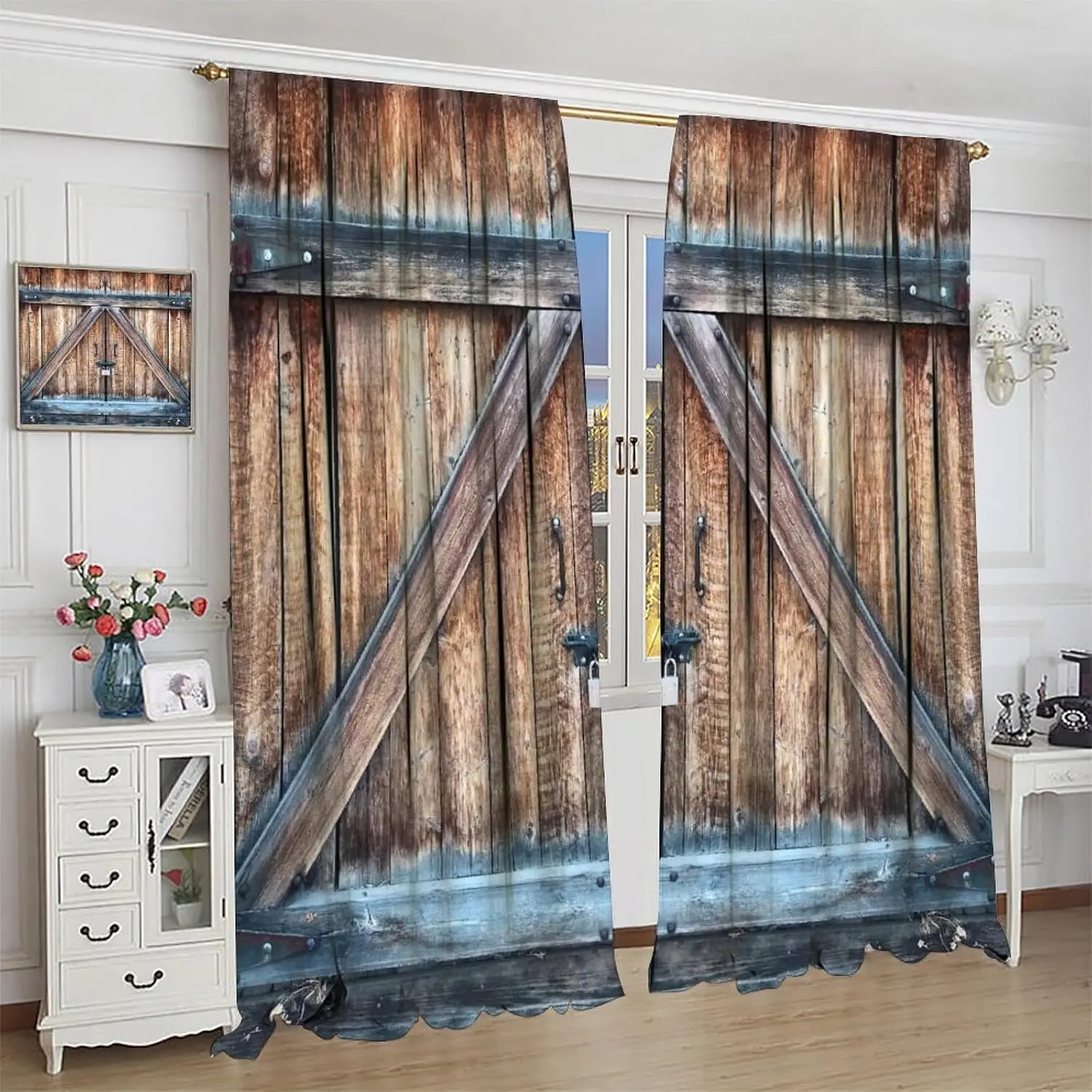 Rustic Country Kitchen Curtains, Retro Farmhouse Barn Door Wooden Board Pattern 2 Panels Window Rod Pocket DecorateCurtain for