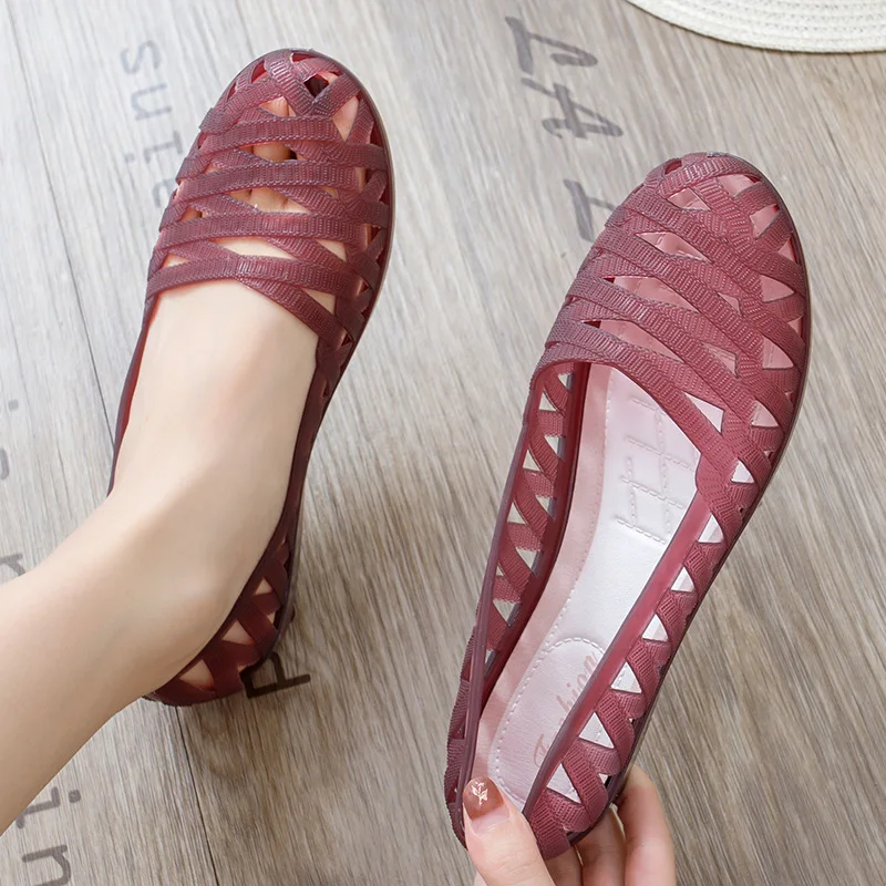 Women Purple Hollow Breathable Plastic Shoes Round Toe Low Price Wedges Slip-On Concise Daily Casual Loafers